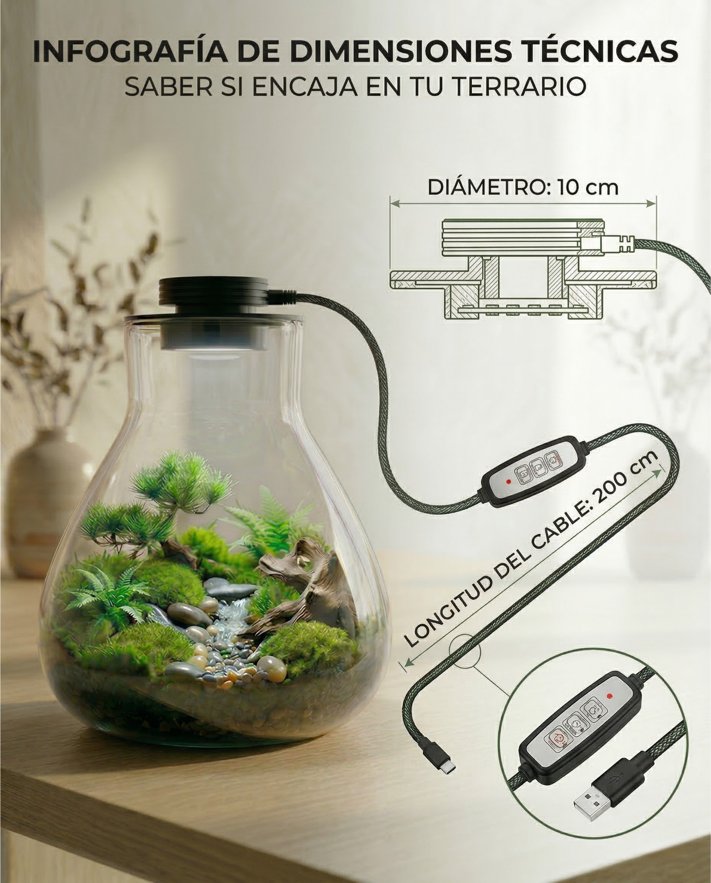 Tapa Smart LED con Ventilación (10cm) para Terrarios