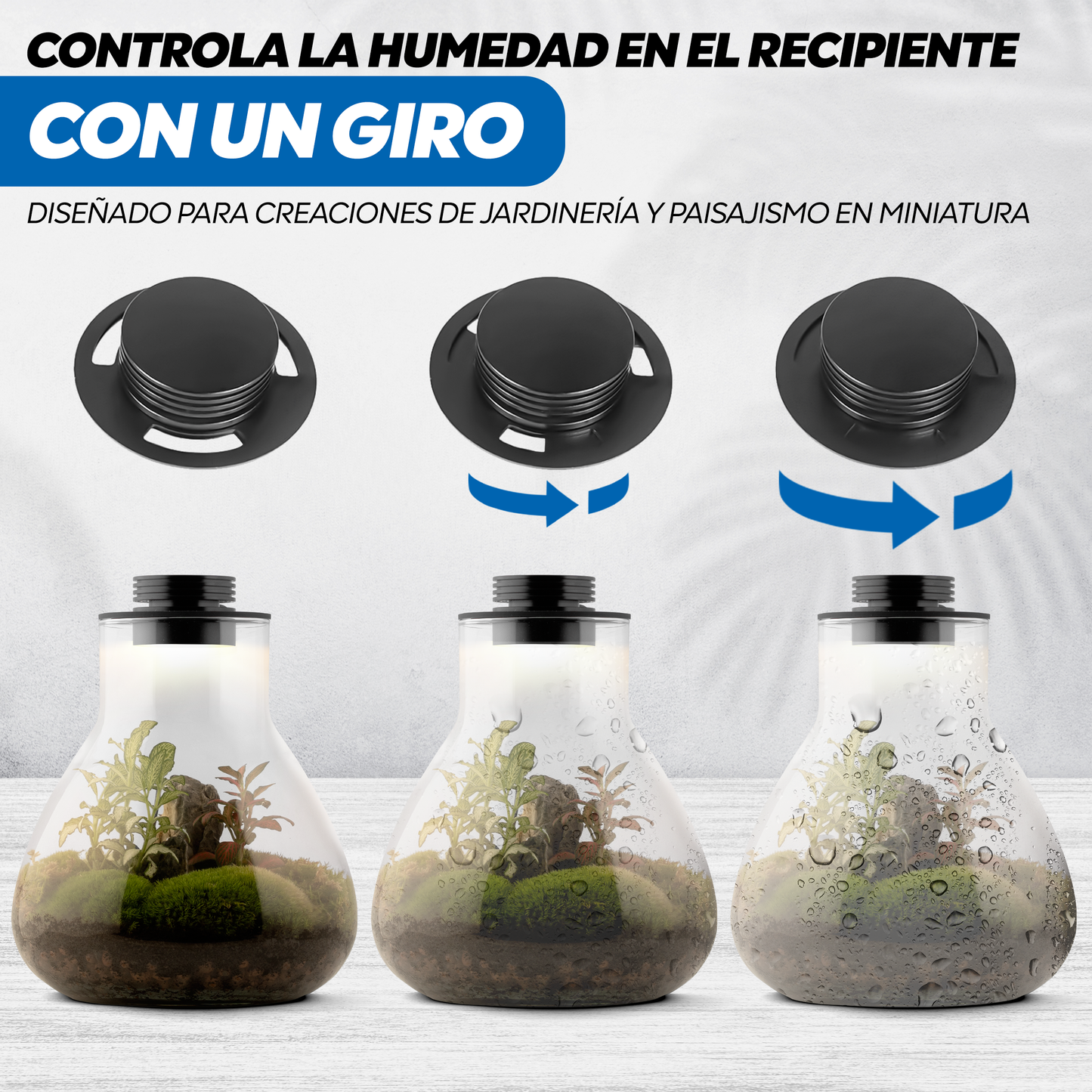 Terrario de metal de 10 cm con ventilación ajustable y luz LED inteligente para plantas de interior.